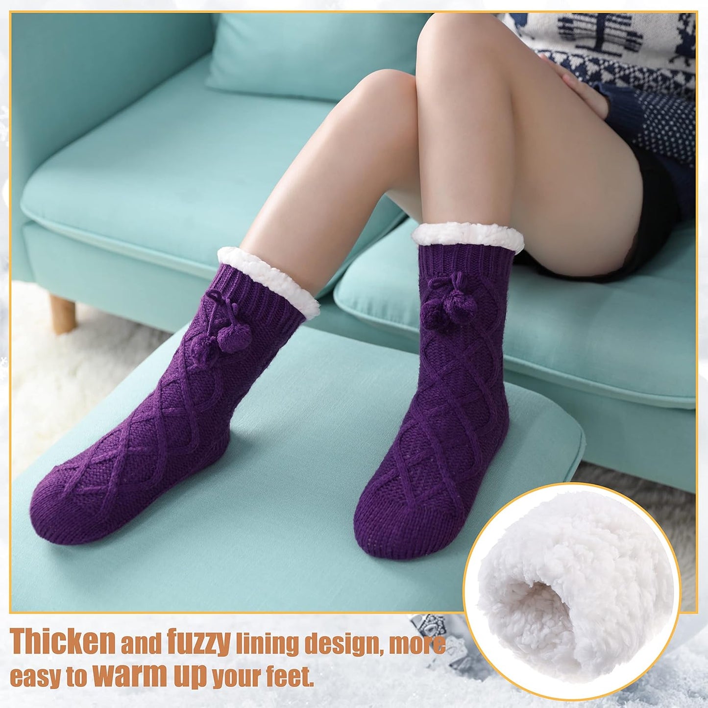 Women's Non-Slip Slipper Socks Fleece-Lined Grippers Home Socks for Winter - Warm Soft Cozy Fuzzy 