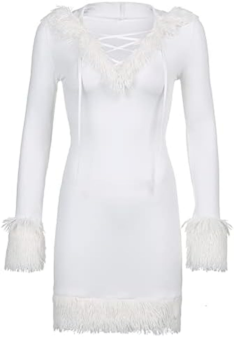 Y2K Fur Trim Hooded White Winter Dress for Women, Hoodie Dresses, Deep V Neck, Mini Short Dress