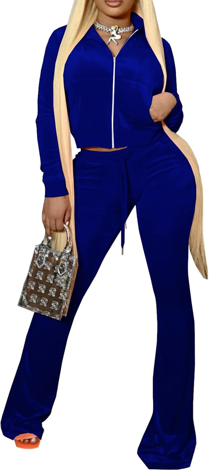 Velour Y2K Tracksuit Cropped Sweatsuit Set 2 Piece Outfits for Women Long Sleeved Crop Tops Flared Long Pant Sets