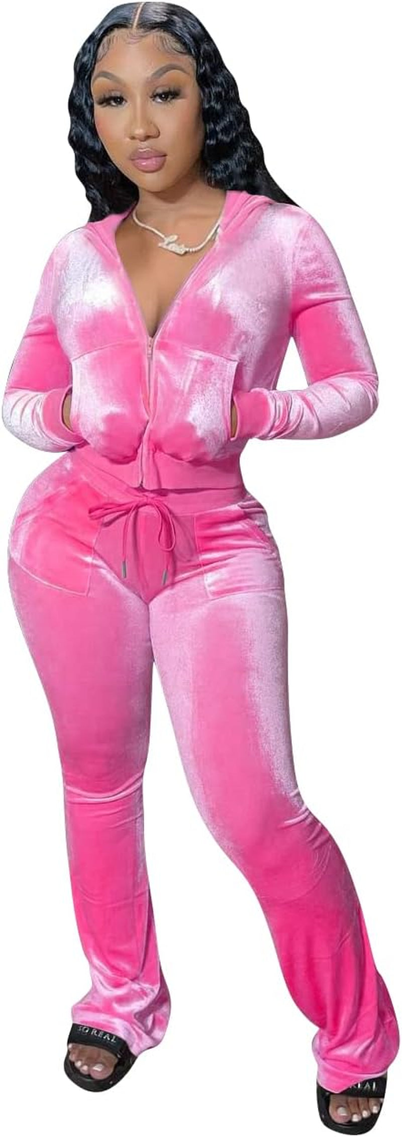 Velour Y2K Tracksuit With or Without GIitter Stripes Two Piece Outfits for Women Long Sleeve Hooded Zip Crop Tops Flared Pants Set