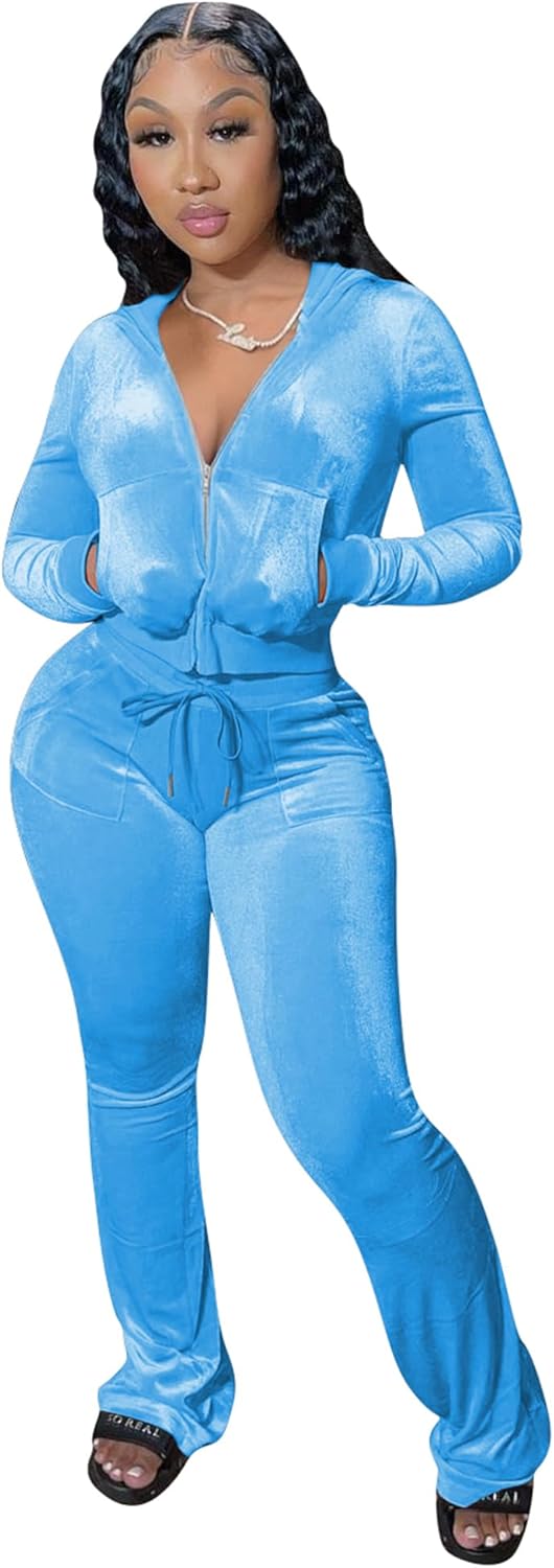 Velour Y2K Tracksuit With or Without GIitter Stripes Two Piece Outfits for Women Long Sleeve Hooded Zip Crop Tops Flared Pants Set