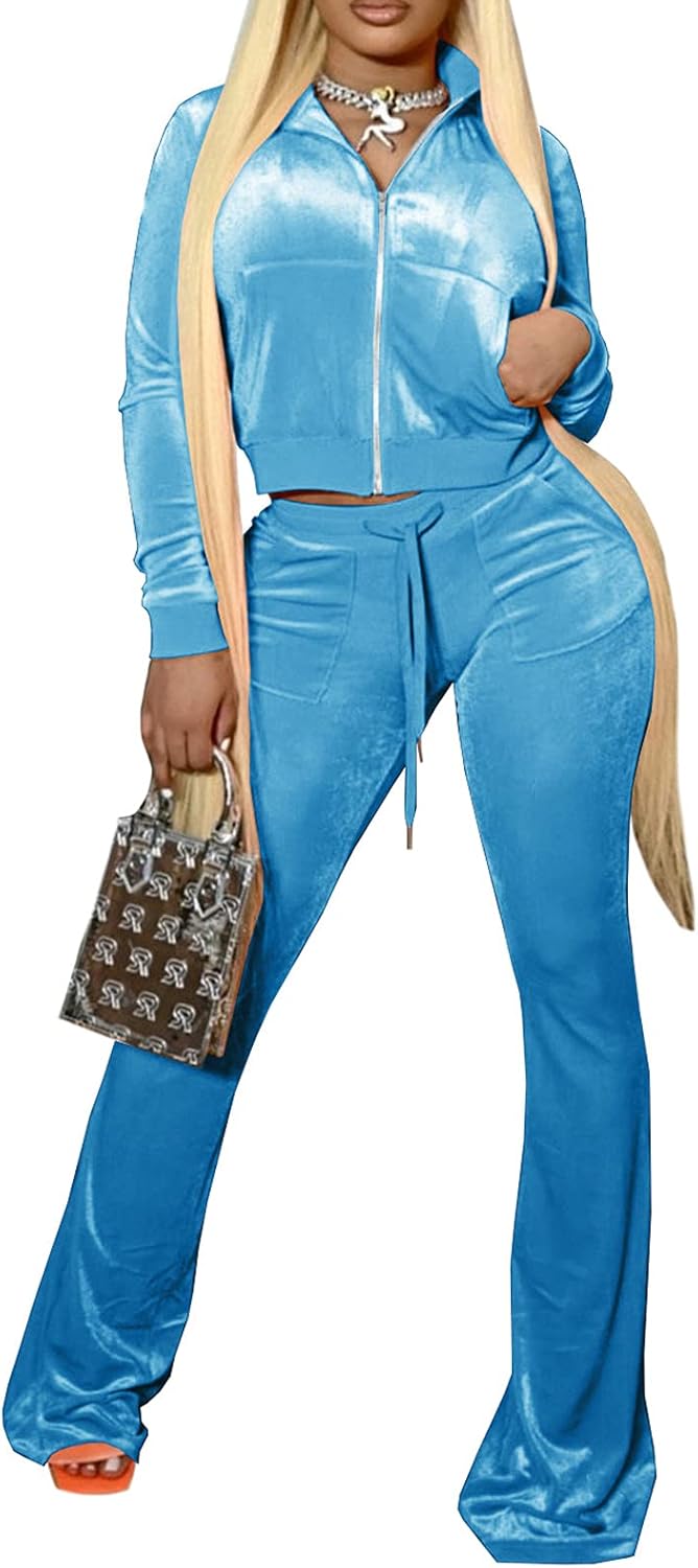 Velour Y2K Tracksuit Cropped Sweatsuit Set 2 Piece Outfits for Women Long Sleeved Crop Tops Flared Long Pant Sets