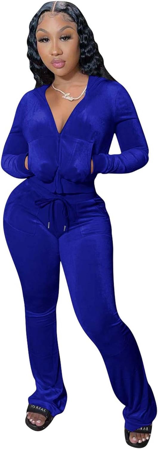 Velour Y2K Tracksuit With or Without GIitter Stripes Two Piece Outfits for Women Long Sleeve Hooded Zip Crop Tops Flared Pants Set