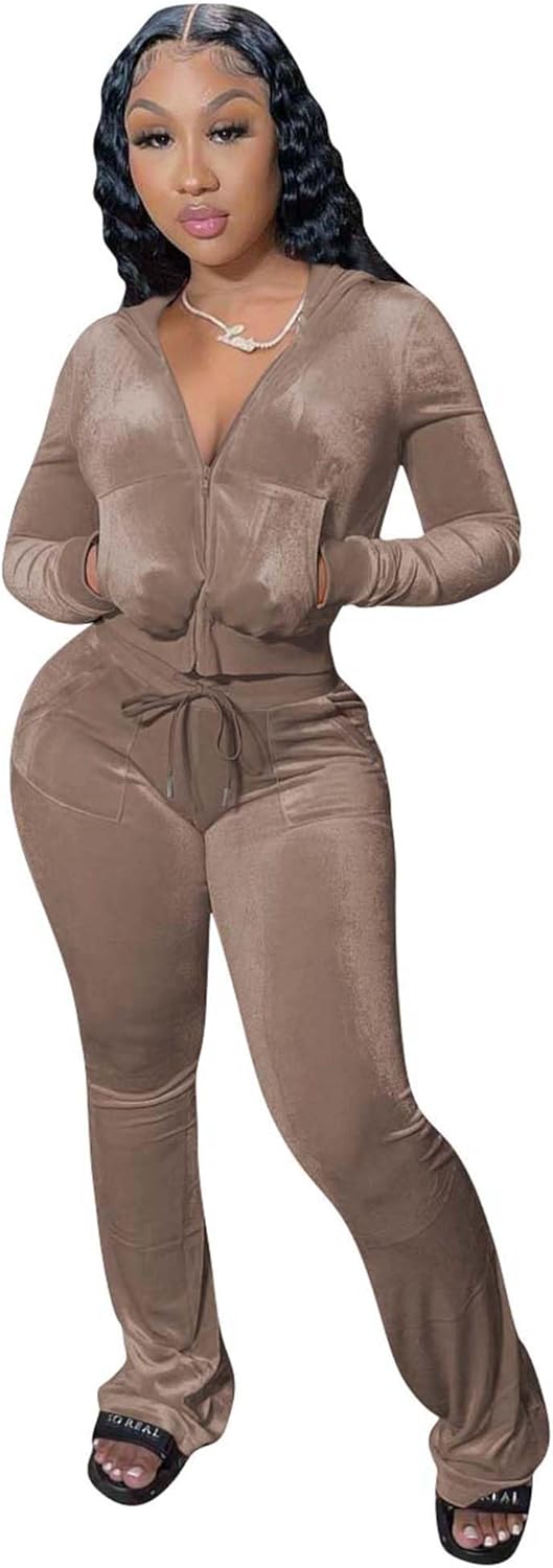 Velour Y2K Tracksuit With or Without GIitter Stripes Two Piece Outfits for Women Long Sleeve Hooded Zip Crop Tops Flared Pants Set