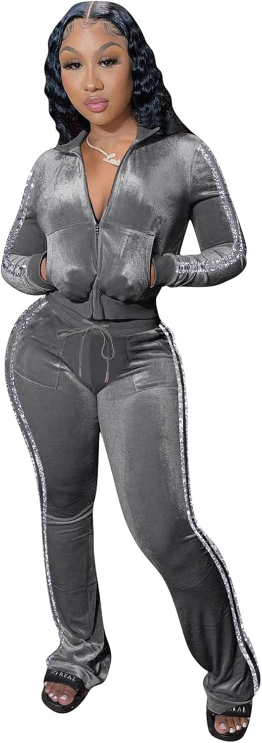 Velour Y2K Tracksuit With or Without GIitter Stripes Two Piece Outfits for Women Long Sleeve Hooded Zip Crop Tops Flared Pants Set