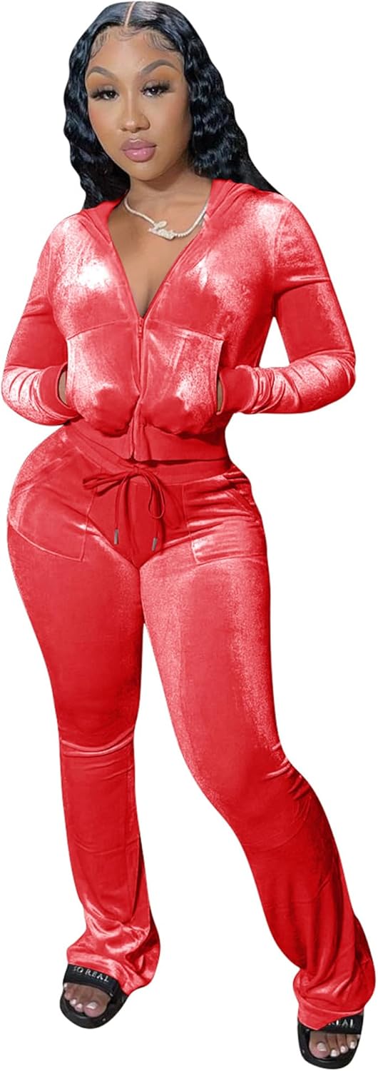 Velour Y2K Tracksuit With or Without GIitter Stripes Two Piece Outfits for Women Long Sleeve Hooded Zip Crop Tops Flared Pants Set