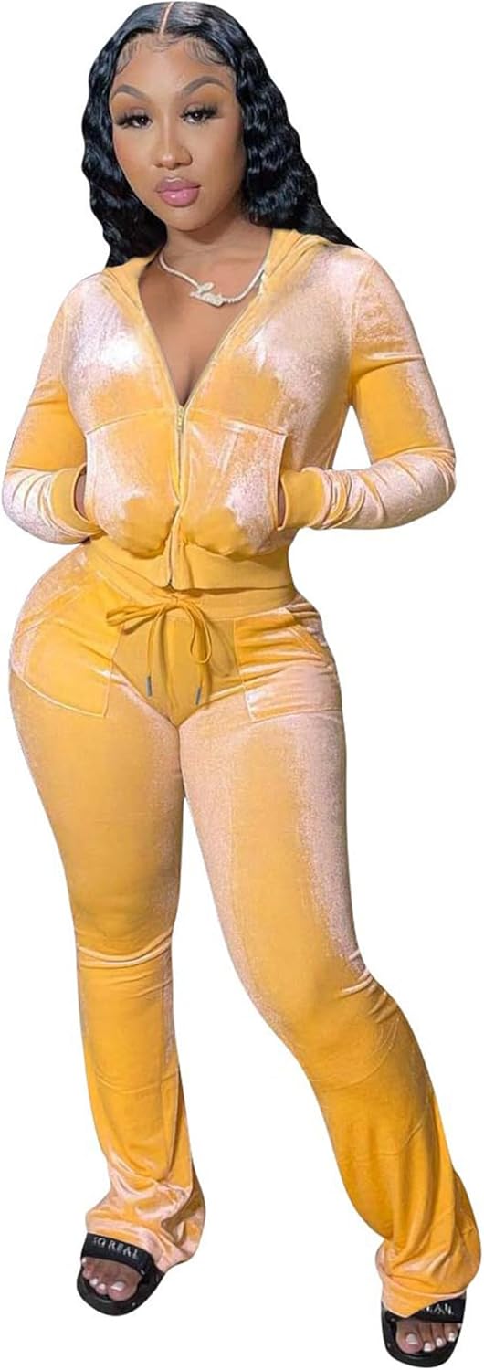 Velour Y2K Tracksuit With or Without GIitter Stripes Two Piece Outfits for Women Long Sleeve Hooded Zip Crop Tops Flared Pants Set