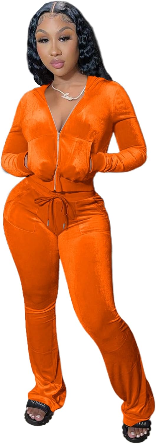 Velour Y2K Tracksuit With or Without GIitter Stripes Two Piece Outfits for Women Long Sleeve Hooded Zip Crop Tops Flared Pants Set