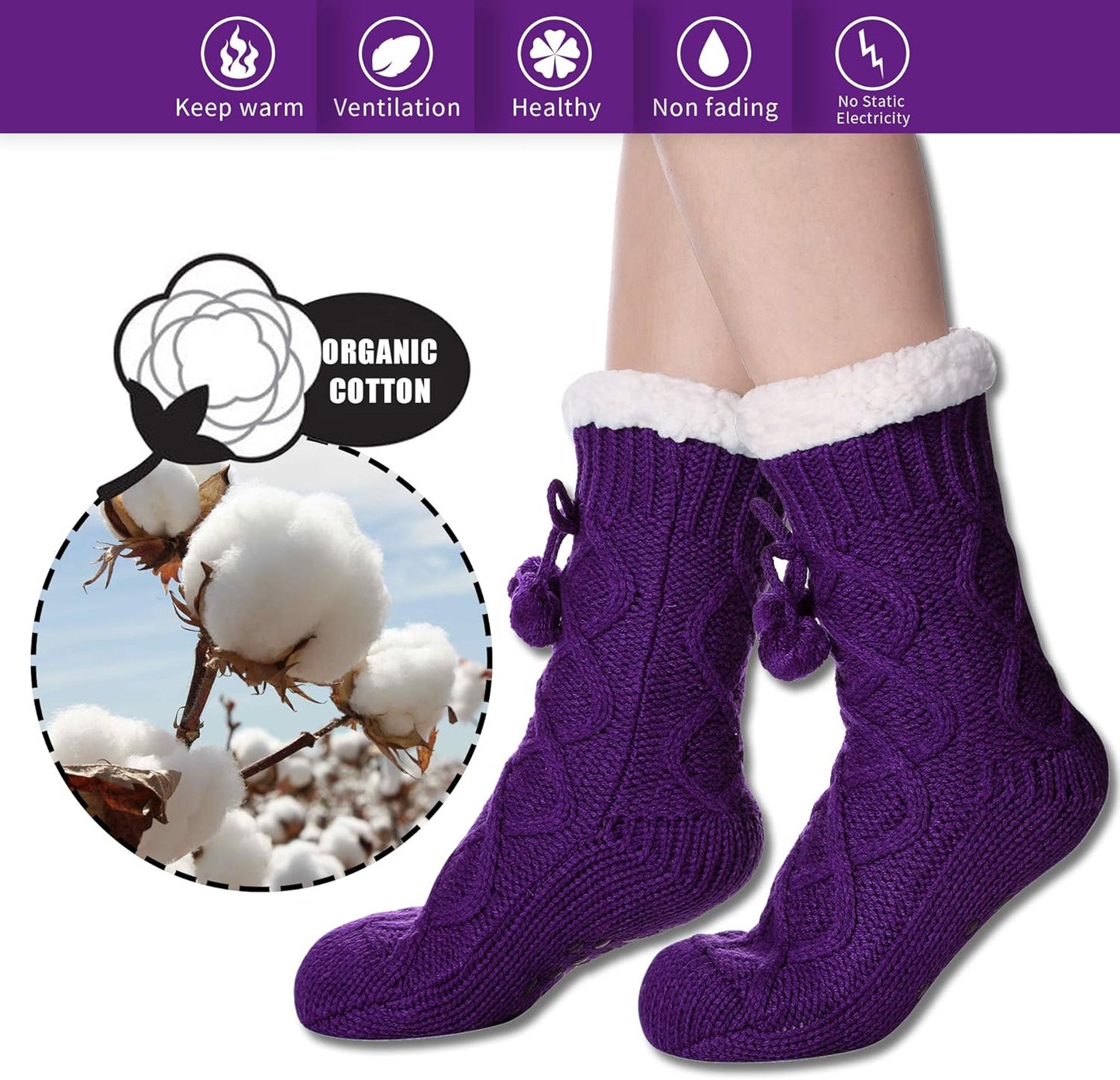 Women's Non-Slip Slipper Socks Fleece-Lined Grippers Home Socks for Winter - Warm Soft Cozy Fuzzy 