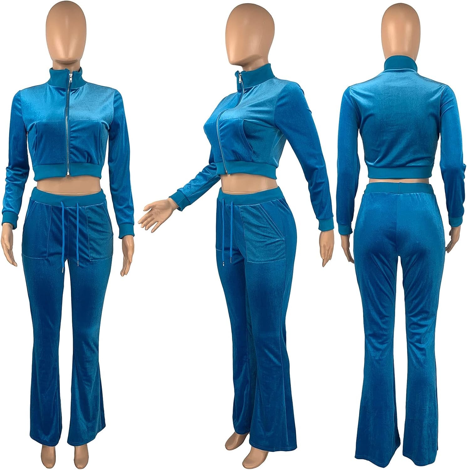 Velour Y2K Tracksuit Cropped Sweatsuit Set 2 Piece Outfits for Women Long Sleeved Crop Tops Flared Long Pant Sets