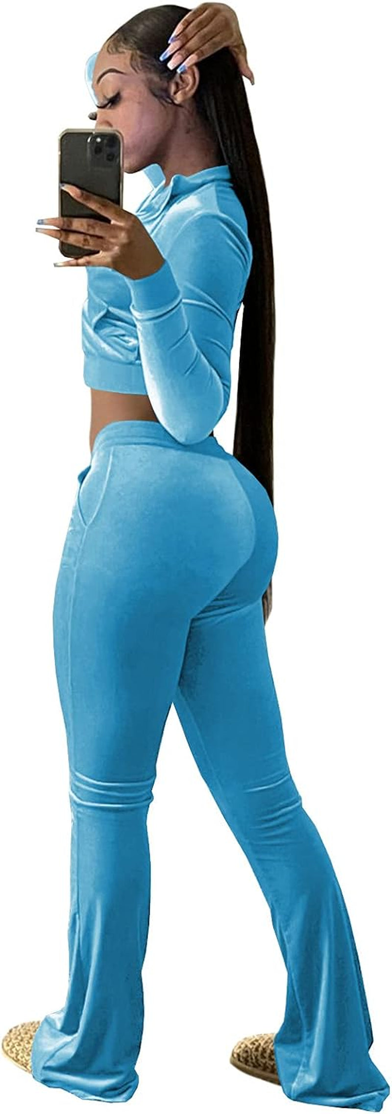 Velour Y2K Tracksuit Cropped Sweatsuit Set 2 Piece Outfits for Women Long Sleeved Crop Tops Flared Long Pant Sets