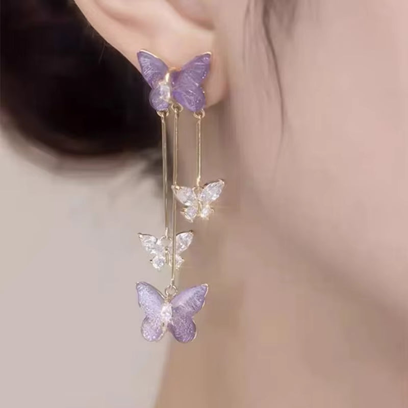 Beautiful Purple Crystal Butterfly Long Tassel Stud Earrings 