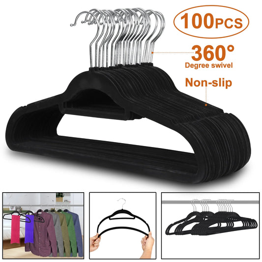 Velvet Hangers for Clothes 100 Pack Black Non Slip, 360 Swivel Hook