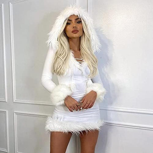 Y2K Fur Trim Hooded White Winter Dress for Women, Hoodie Dresses, Deep V Neck, Mini Short Dress