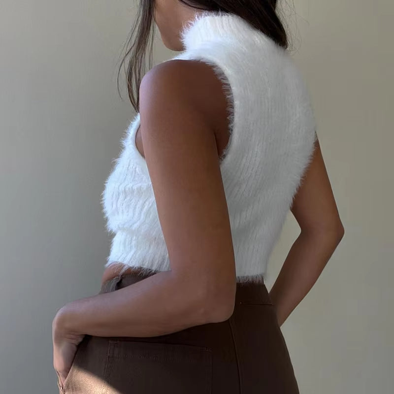 White Crop Top Winter Y2K Women Sleeveless Sweater Turtleneck Fluffy Off Shoulder 2000s Clothes for Women Knitted Top 