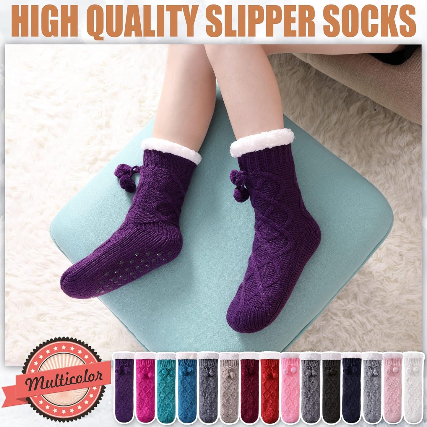 Women's Non-Slip Slipper Socks Fleece-Lined Grippers Home Socks for Winter - Warm Soft Cozy Fuzzy 